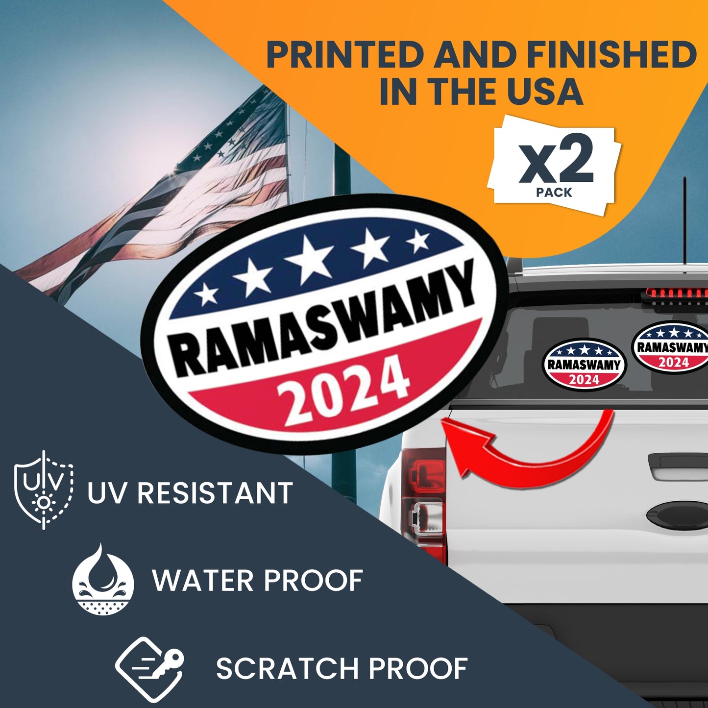 Magnet Me Up Vivek Ramaswamy Republican Political Party 2024 Adhesive Decal Sticker, 2 Pack, 5.5x3.5 Inch, Heavy Duty Adhesion to Car Window, Bumper, etc