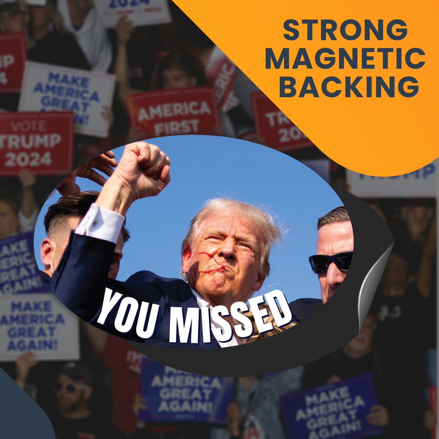 Magnet Me Up You Missed: Trump Shooting Political Magnet Decal, 4x6 inches, Never Surrender, Rally Shot Shooting Survivor, Souvenir Gift for Trump Supporters, Trump Fight, Republican, Crafted in USA