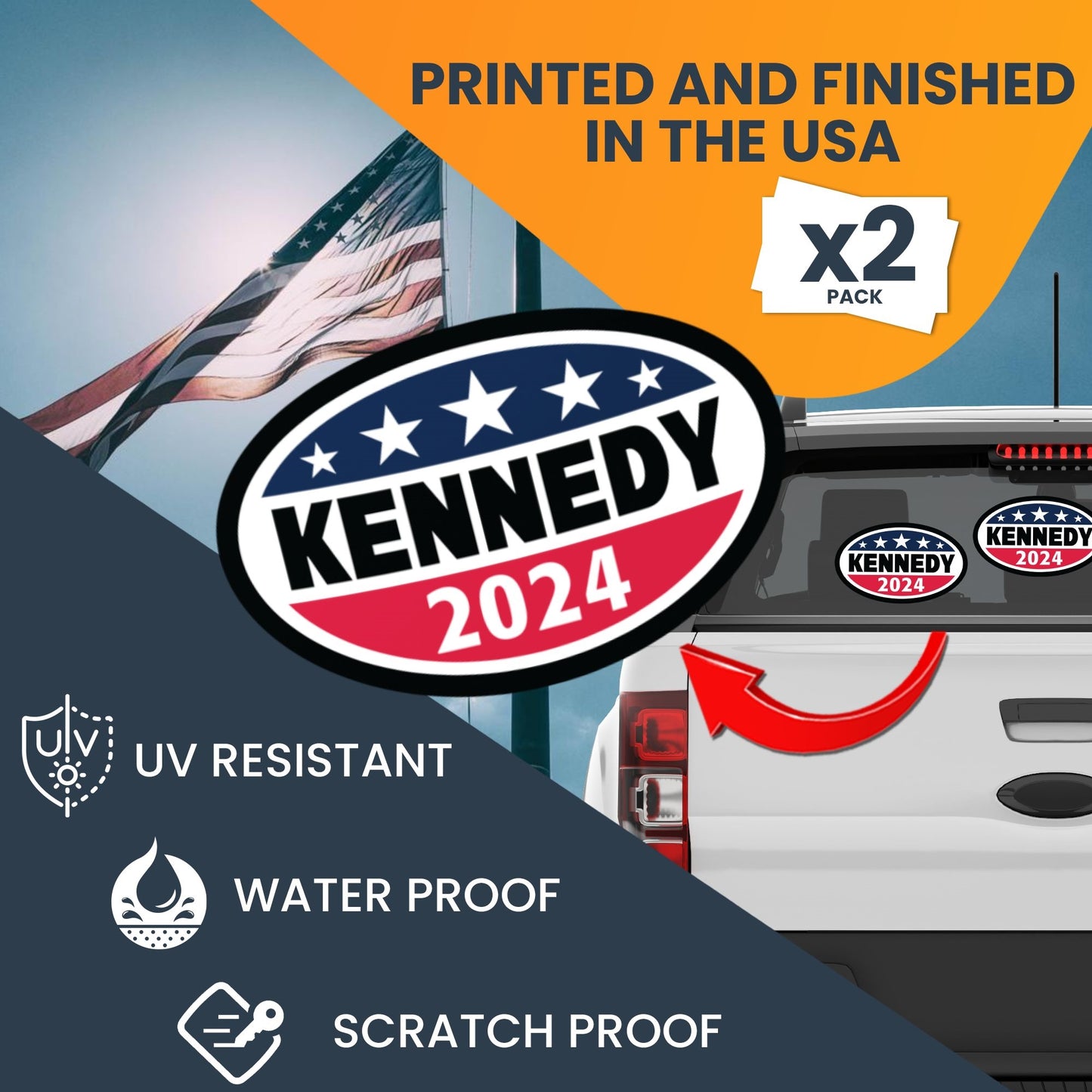 Magnet Me Up Kennedy 2024 Robert F. Kennedy, Jr. Democratic Political Party 2024 Adhesive Decal Sticker, 2 Pack, 5.5x3.5 Inch, Heavy Duty adhesion to Car Window, Bumper, etc