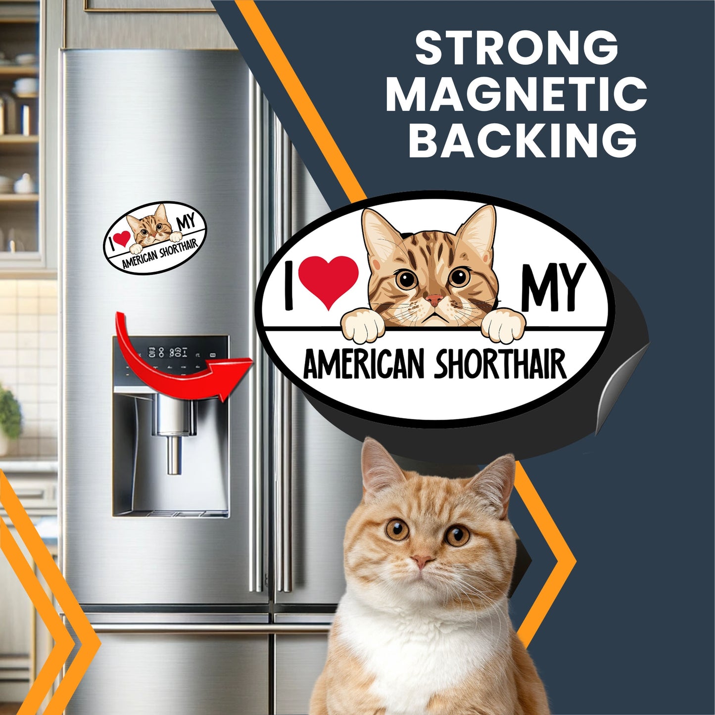 Magnet Me Up I Love My American Shorthair Cat Breed Car Magnet Decal, 4x6 Inches, Cute Peeking Cat Design Bumper Magnet, Adorable Cat Breed