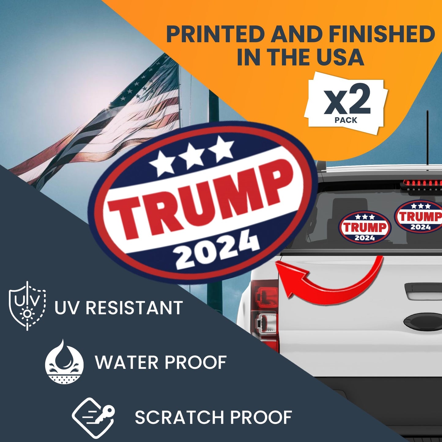 Magnet Me Up Trump 2024 Donald Trump Republican Political Party 2024 Adhesive Decal Sticker, 2 Pack, 5.5x3.5 Inch, Heavy Duty adhesion to Car Window, Bumper, etc