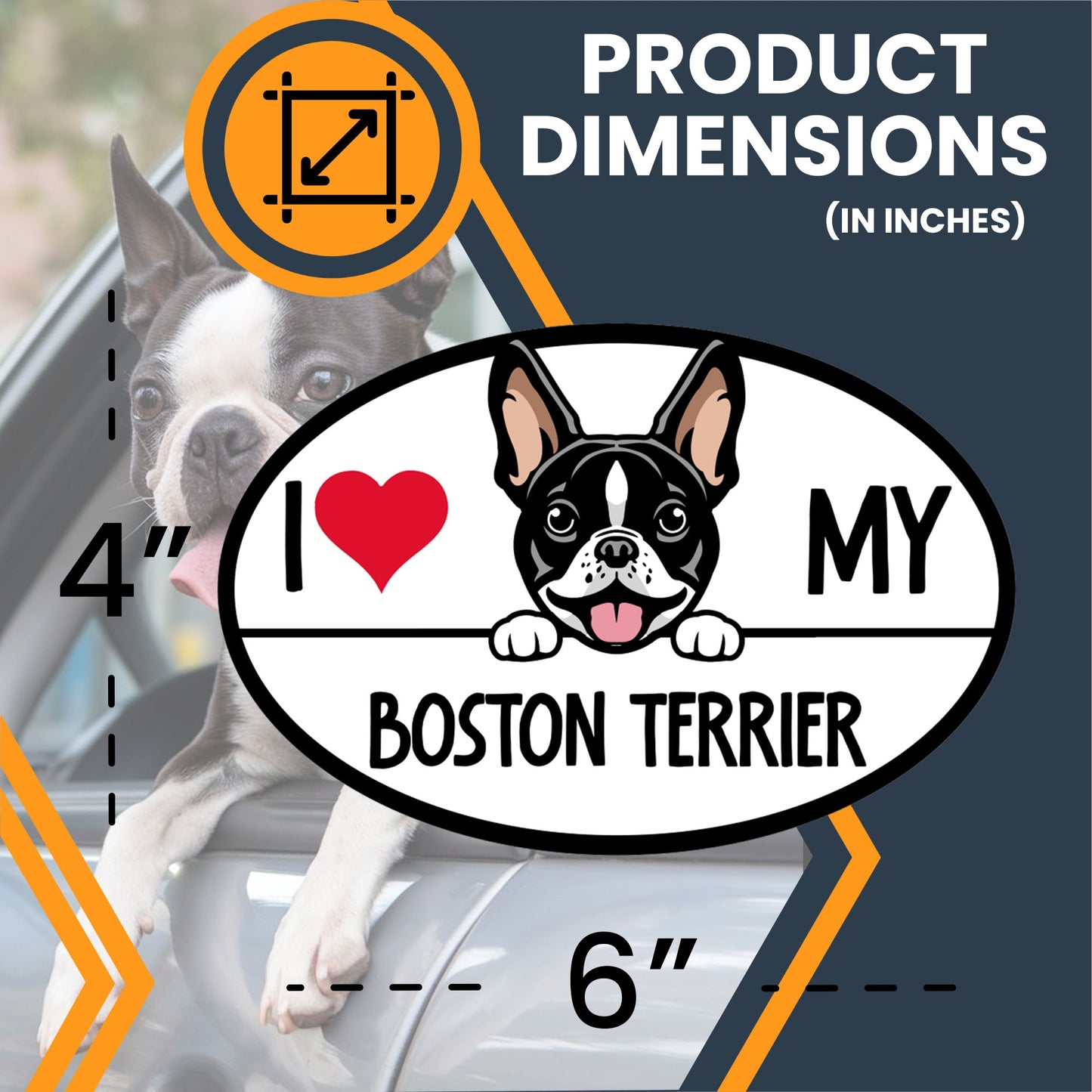 Magnet Me Up I Love My Boston Terrier Dog Breed Car Magnet Decal, 4x6 Inches Oval, Adorable Decoration for Vehicle, Fridge, and More! Cute Peeking Dog, Breed Lovers Bumper Magnet, Made in USA