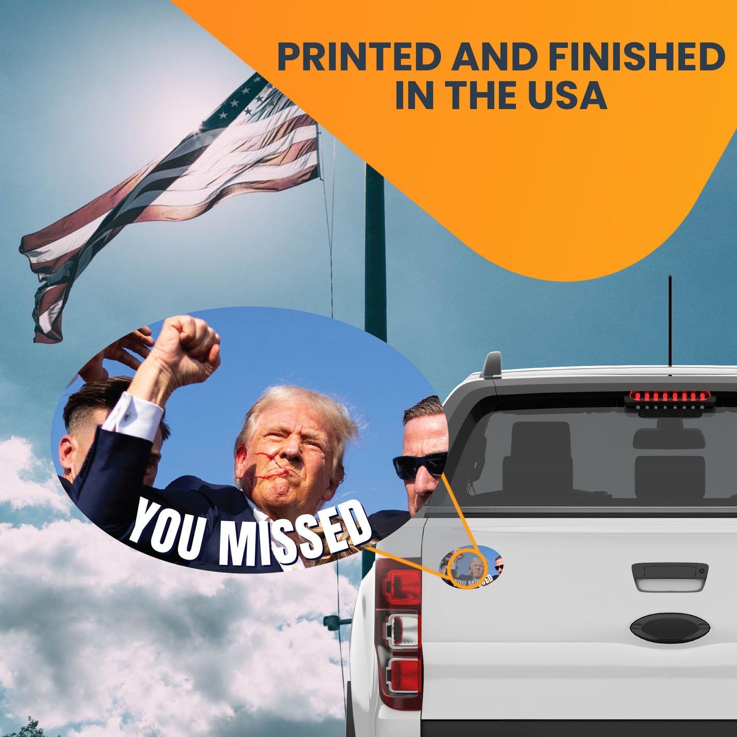 Magnet Me Up You Missed: Trump Shooting Political Magnet Decal, 4x6 inches, Never Surrender, Rally Shot Shooting Survivor, Souvenir Gift for Trump Supporters, Trump Fight, Republican, Crafted in USA