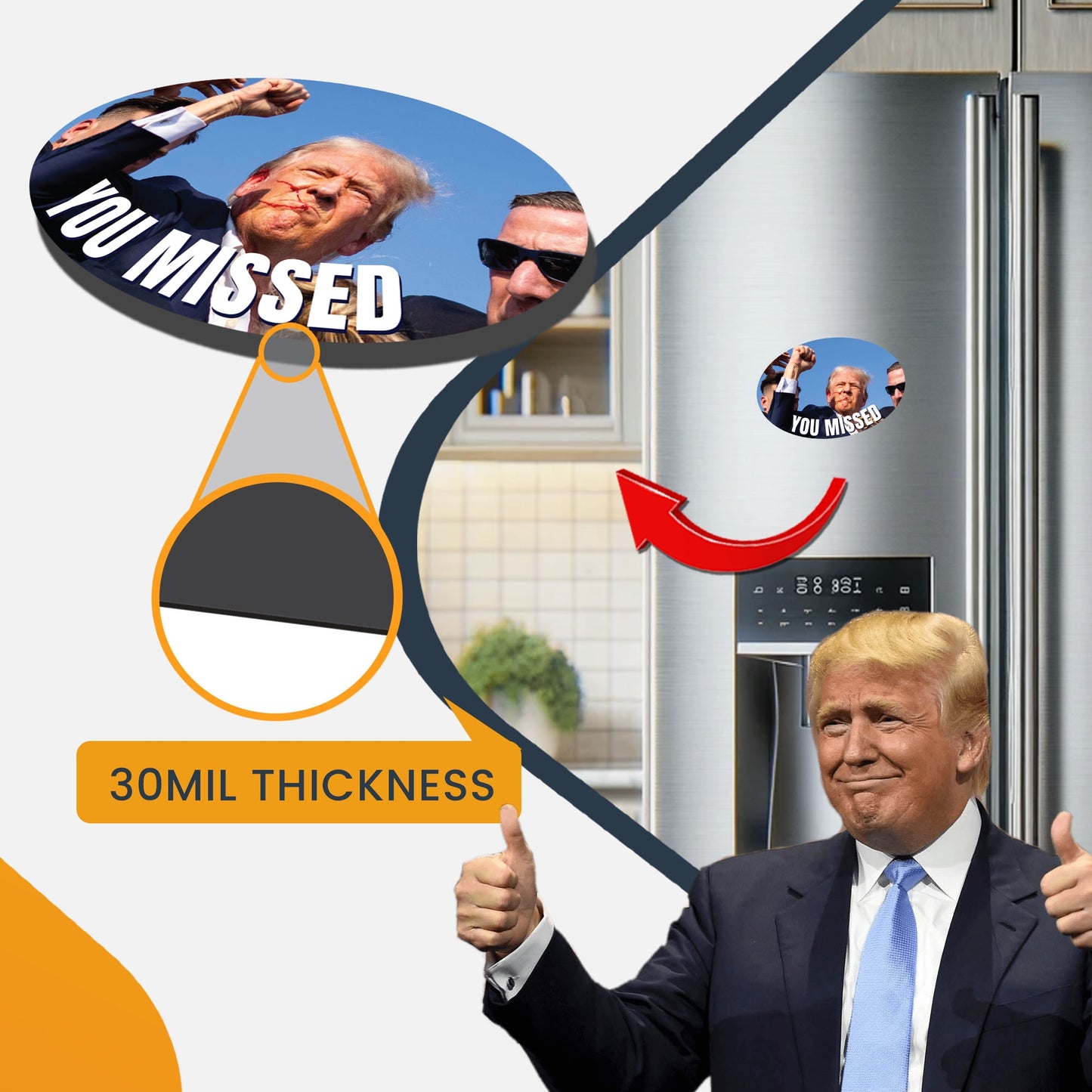 Magnet Me Up You Missed: Trump Shooting Political Magnet Decal, 4x6 inches, Never Surrender, Rally Shot Shooting Survivor, Souvenir Gift for Trump Supporters, Trump Fight, Republican, Crafted in USA