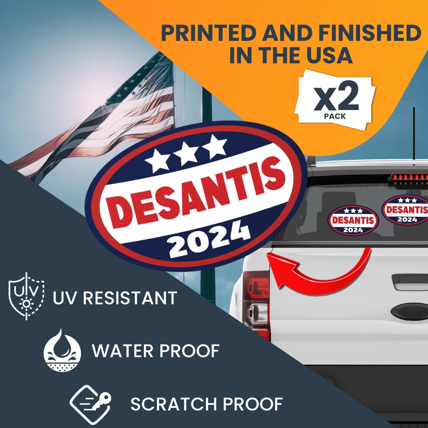 Magnet Me Up DeSantis 2024 Ronald DeSantis Republican Political Party 2024 Adhesive Decal Sticker, 2 Pack, 5.5x3.5 Inch, Heavy Duty adhesion to Car Window, Bumper, etc